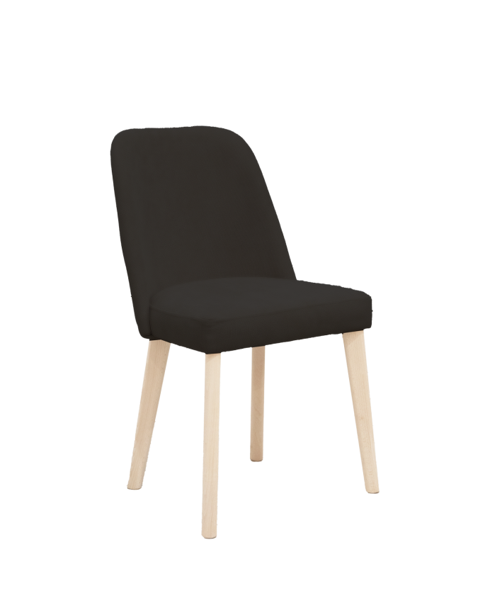 Cadeira estofada em preto com pernas de madeira em tom natural de 87cm