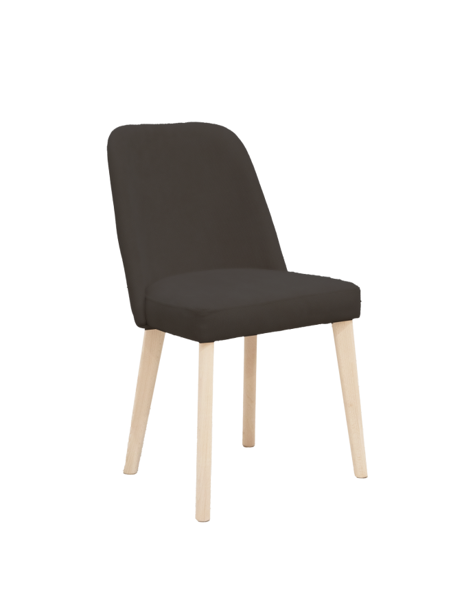 Cadeira estofada de cor cinza ardósia com pernas de madeira em tom natural de 87cm