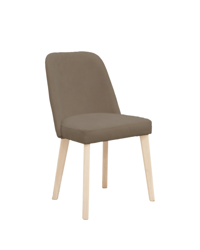 Cadeira estofada marrom ardósia com pernas de madeira em tom natural de 87cm