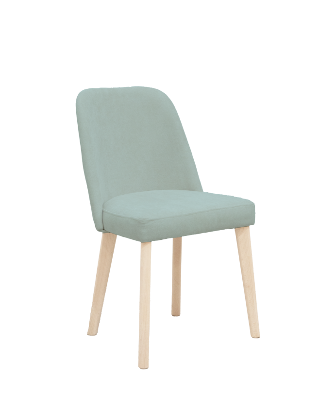 Cadeira estofada de cor turquesa com pernas de madeira em tom natural de 87cm