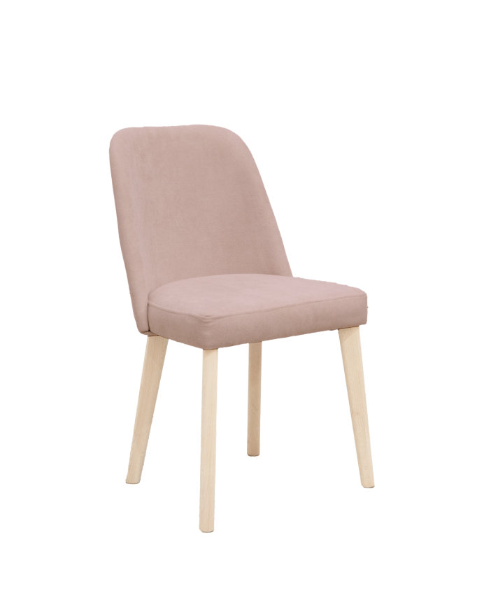Cadeira estofada cor-de-rosa com pernas de madeira em tom natural de 87cm