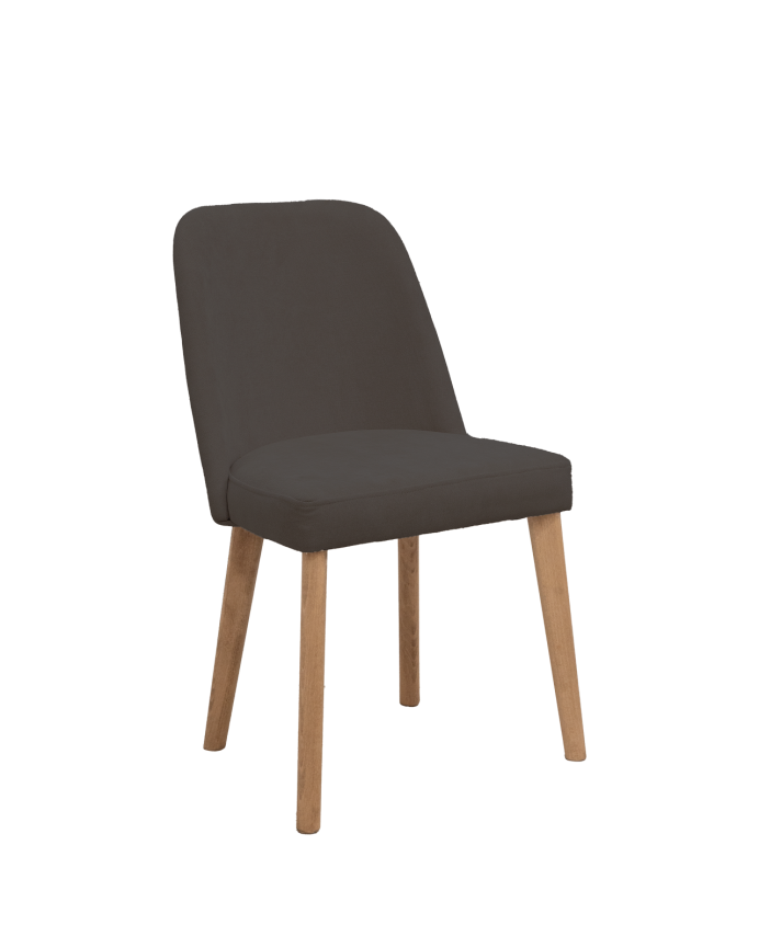 Cadeira estofada de cor cinza antracite com pernas de madeira em tom carvalho escuro de 87cm