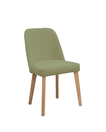 Cadeira estofada de cor caqui com pernas de madeira em tom de carvalho escuro de 87cm