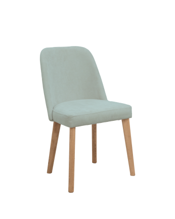 Cadeira estofada em cor aguamarina com pernas de madeira em tom carvalho escuro de 87cm