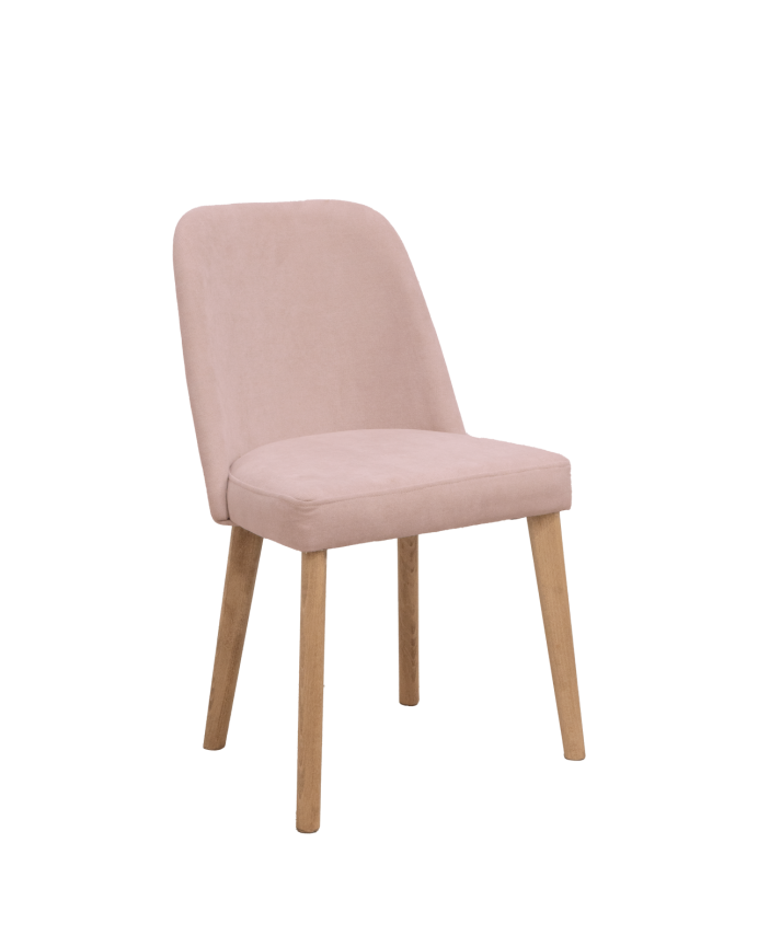 Cadeira estofada cor-de-rosa com pernas de madeira em tom de carvalho escuro 87cm