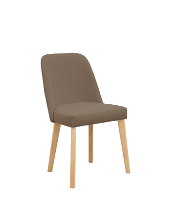 Cadeira estofada de cor castanho taupe com pernas de madeira num tom de carvalho médio de 87cm