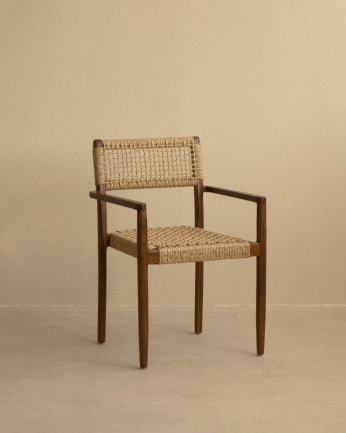 Conjunto de 4 cadeiras de madeira de teca com assento trançado de 805cm
