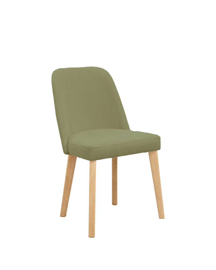 Cadeira estofada em caqui com pernas de madeira em tom de carvalho médio de 87cm