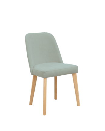 Cadeira estofada em cor turquesa com pernas de madeira em tom carvalho médio de 87cm