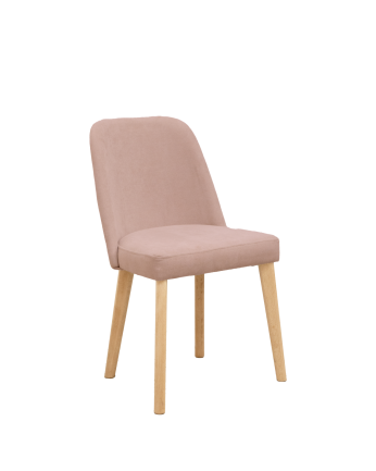 Cadeira estofada de cor rosa com pernas de madeira em tom de carvalho médio de 87cm