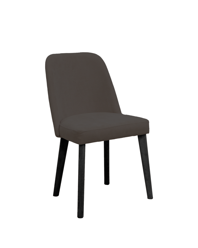 Cadeira estofada em cinza antracite com pernas de madeira em tom preto de 87cm