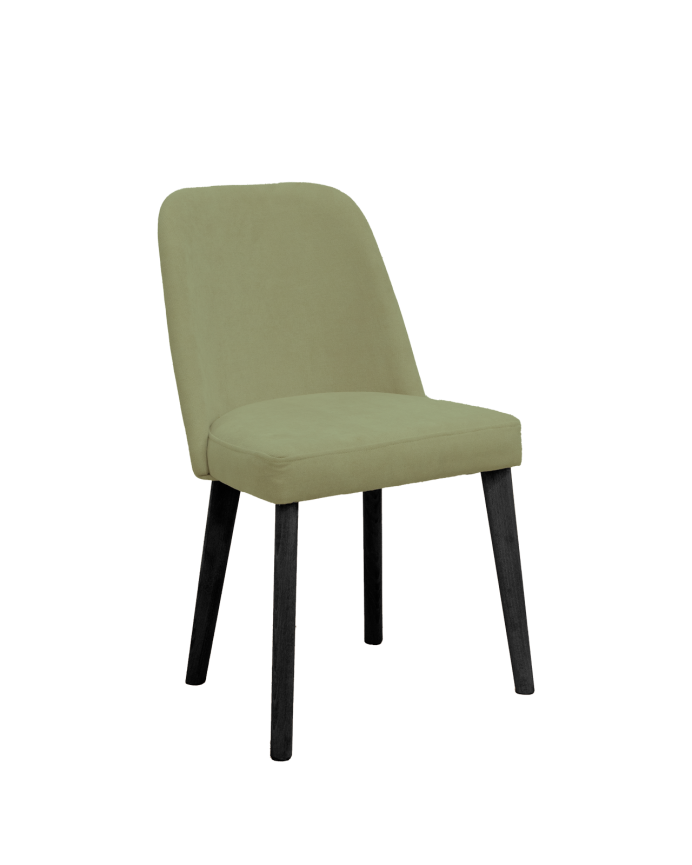 Cadeira estofada de cor caqui com pernas de madeira em tom preto de 87cm
