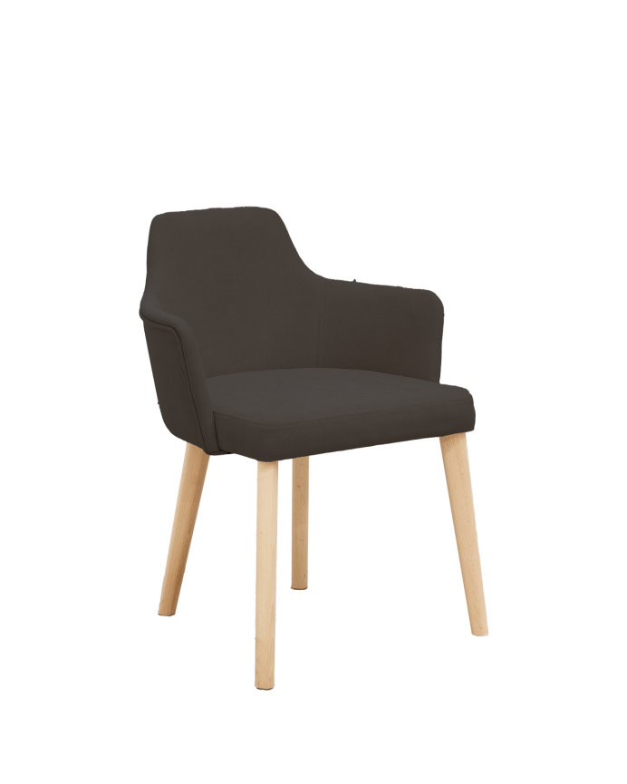 Cadeira estofada em cinza ardósia com pernas de madeira em tom natural de 95cm