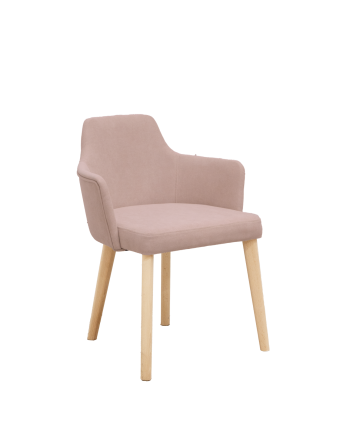 Cadeira estofada cor-de-rosa com pernas de madeira em tom natural de 95cm