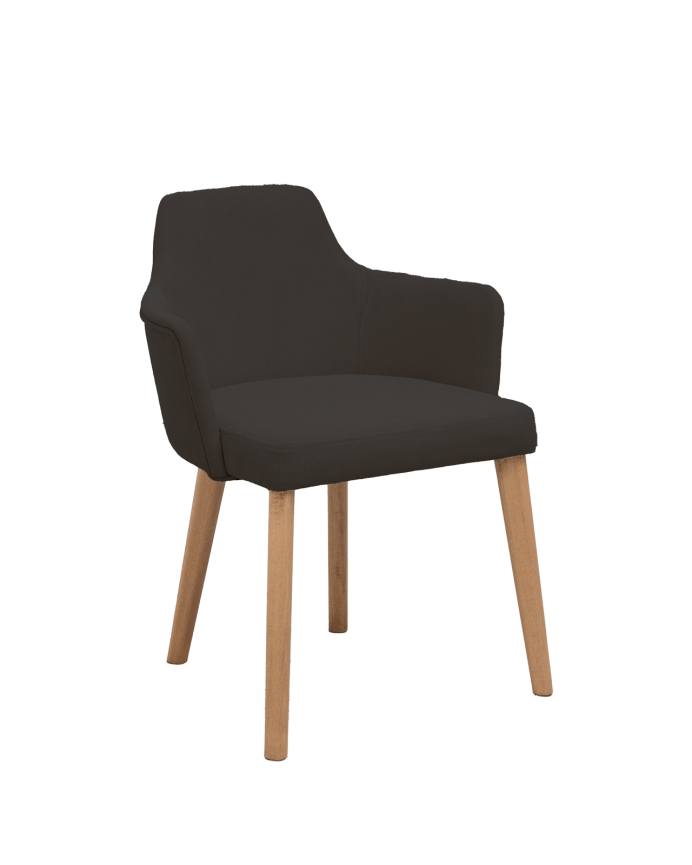 Cadeira estofada de cor preta com pernas de madeira em tom de carvalho escuro de 95cm