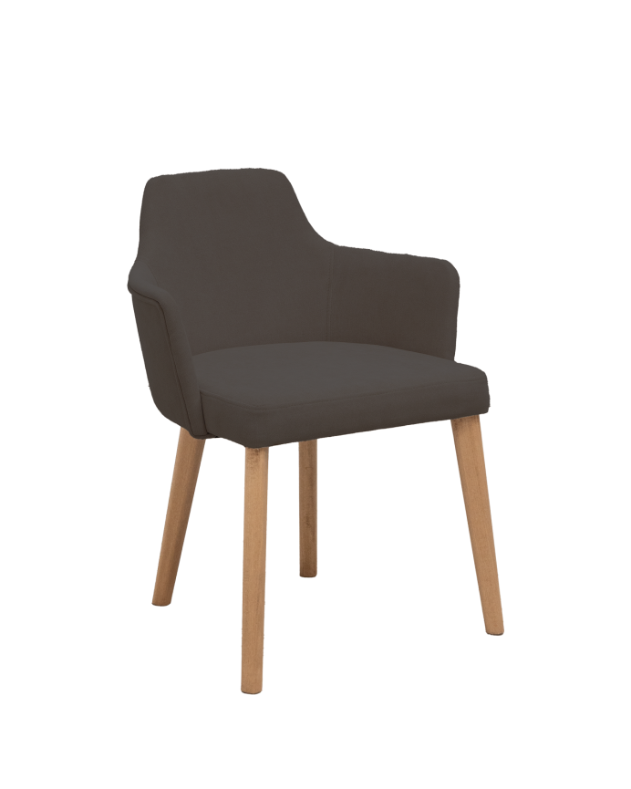 Cadeira estofada em cinza antracite com pernas de madeira em tom carvalho escuro de 95cm