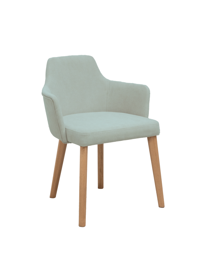 Cadeira estofada em cor aquamarina com pernas de madeira em tom de carvalho escuro de 95cm
