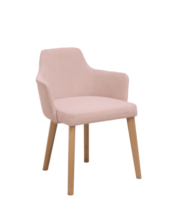 Cadeira estofada de cor rosa com pernas de madeira em tom de carvalho escuro de 95cm