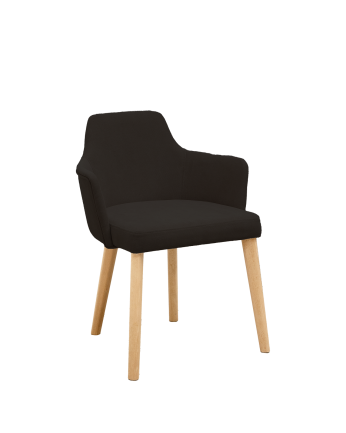 Cadeira estofada de cor preta com pernas de madeira em tom de carvalho médio de 95cm
