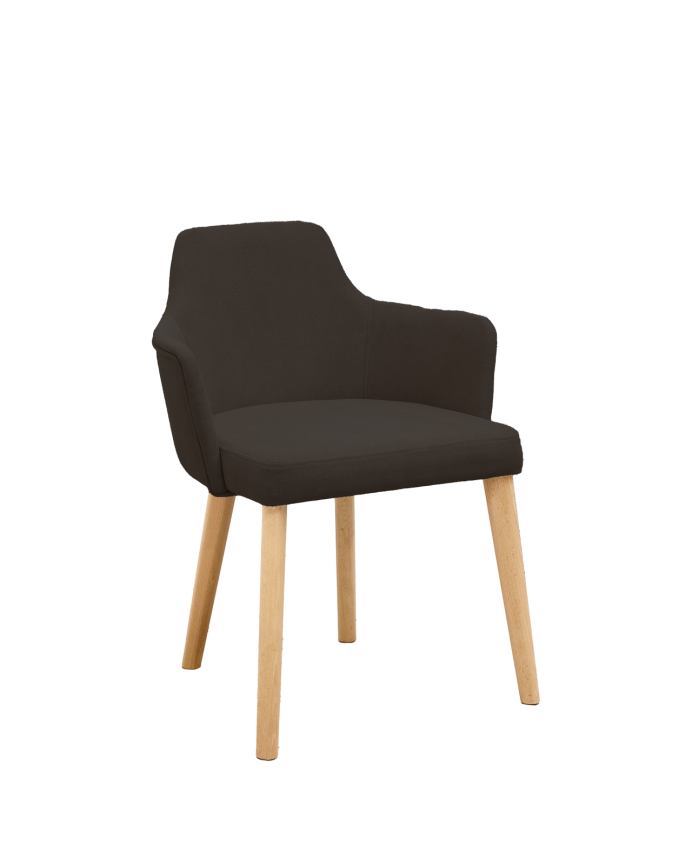 Cadeira estofada em cinza ardósia com pernas de madeira em tom de carvalho médio de 95cm