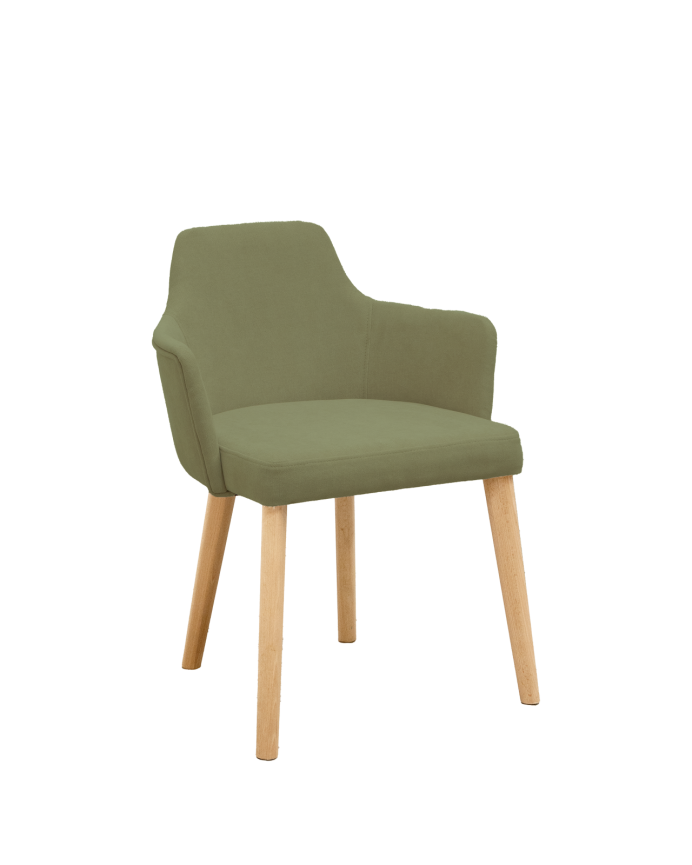 Cadeira estofada de cor caqui com pernas de madeira em tom de carvalho médio de 95cm