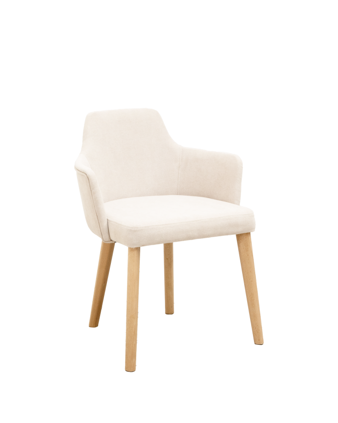 Cadeira estofada de cor pedra com pernas de madeira em tom de carvalho médio de 95cm