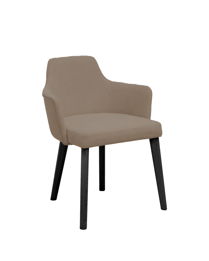 Cadeira estofada em marrom-taupe com pernas em madeira preta de 95cm