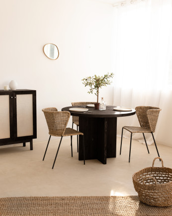 Mesa de jantar redonda de madeira maciça em tom preto Ø110cm