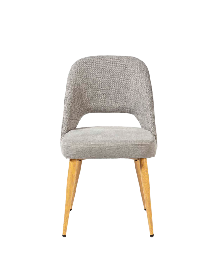 Cadeira de tecido cinza com pernas de metal em tom carvalho de 84 cm