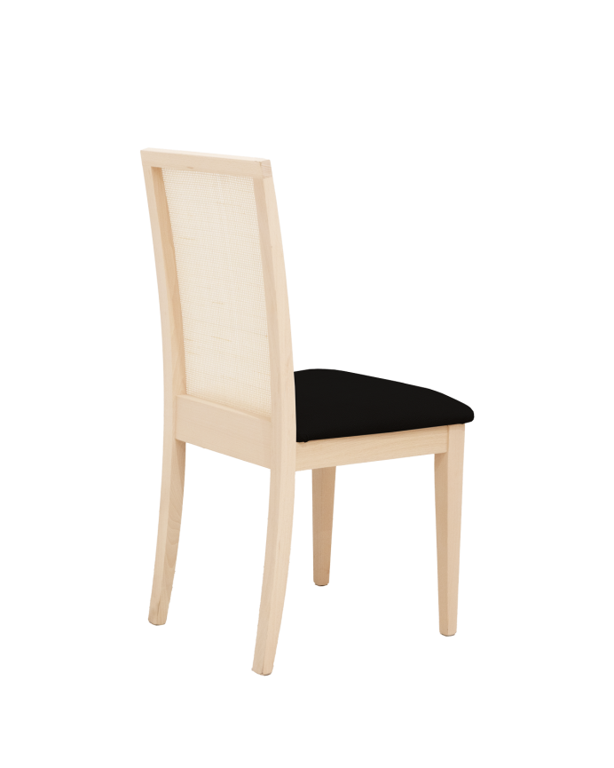 Cadeira estofada de cor preta com pernas de madeira em tom natural de 955cm