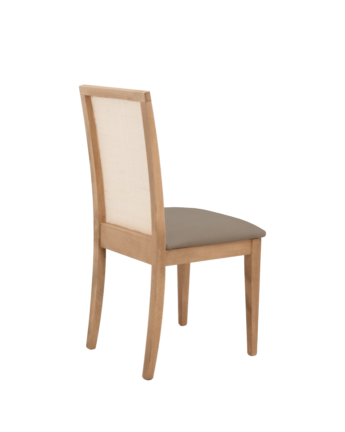 Cadeira estofada em marrom topo com pernas de madeira em tom de carvalho escuro de 955cm