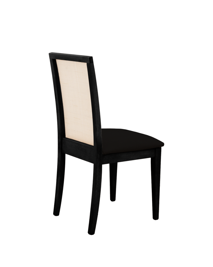 Cadeira estofada preta com pernas de madeira em tom preto de 955cm
