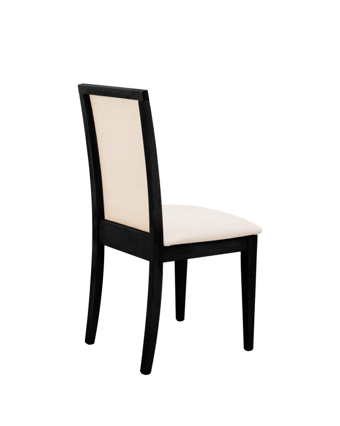 Cadeira estofada em cor de pedra com pernas de madeira em tom preto de 955cm