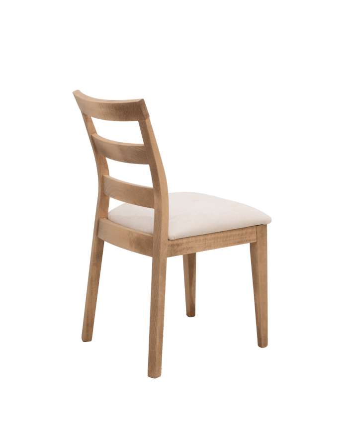 Cadeira estofada de cor pedra com pernas de madeira em tom carvalho escuro de 89cm