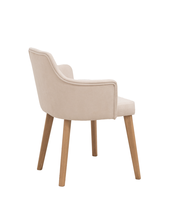 Cadeira estofada em cor de pedra com pernas de madeira em tom de carvalho escuro de 95cm