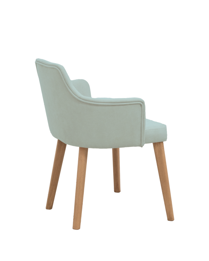 Cadeira estofada em cor aquamarina com pernas de madeira em tom de carvalho escuro de 95cm
