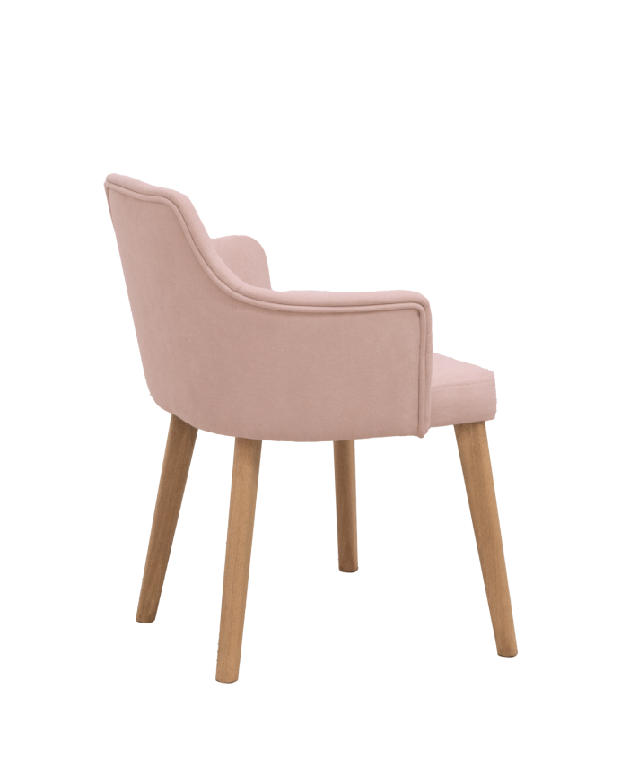 Cadeira estofada de cor rosa com pernas de madeira em tom de carvalho escuro de 95cm