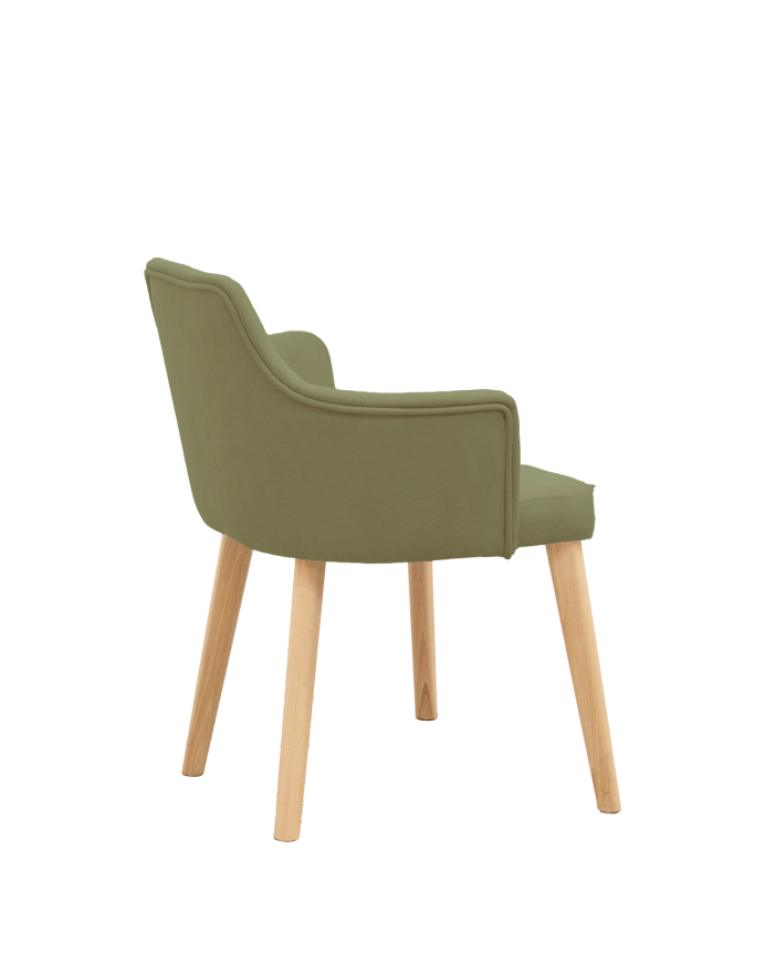Cadeira estofada de cor caqui com pernas de madeira em tom de carvalho médio de 95cm