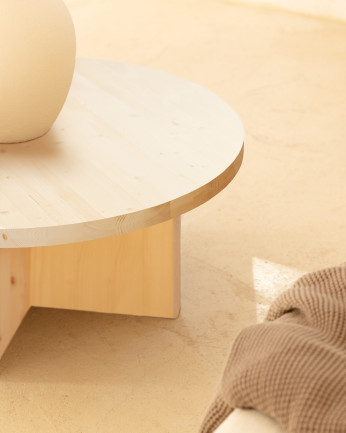 Mesa de centro redonda de madeira maciça com acabamento natural em vários tamanhos