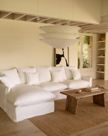 Sofá com chaise longue em algodão e linho com capa removível branca vários tamanhos
