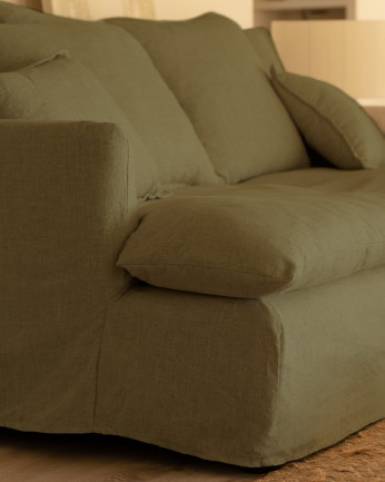 Sofá de fundo médio em algodão e linho com capas removíveis na cor verde diversos tamanhos