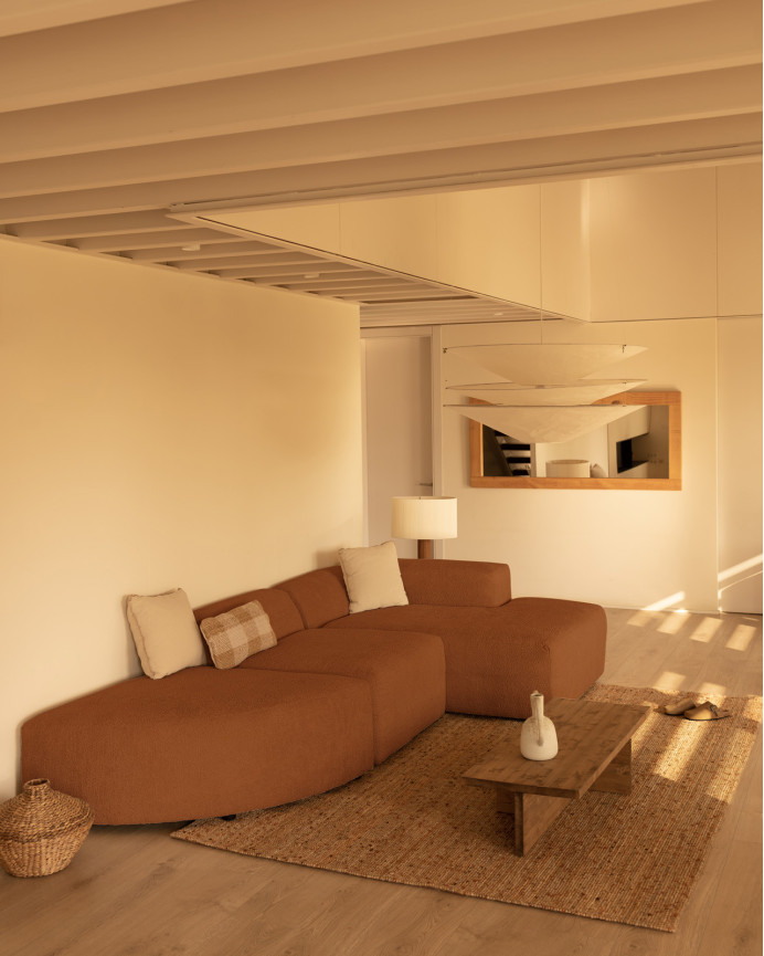 Sofá curvo de 3 módulos com chaise longue bouclé cor cobre 320x172cm