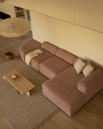 Sofá curvo de 4 módulos com chaise longue bouclé rosa 410x172cm