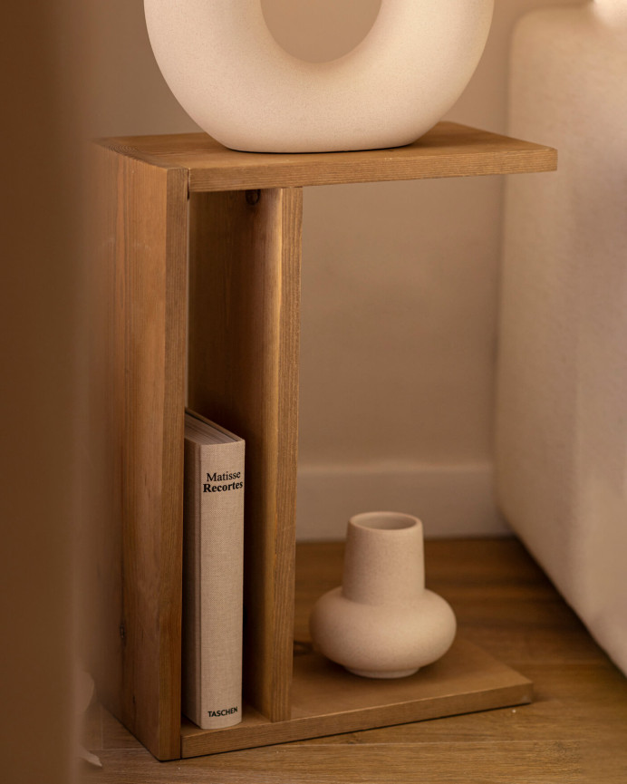 Mesa de cabeceira em madeira maciça tom carvalho escuro 50x36cm