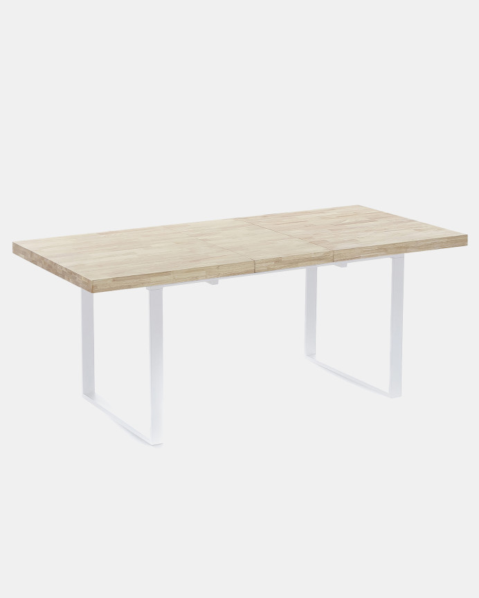 Mesa de jantar de madeira maciça extensível com pernas de ferro branco de 140x76cm