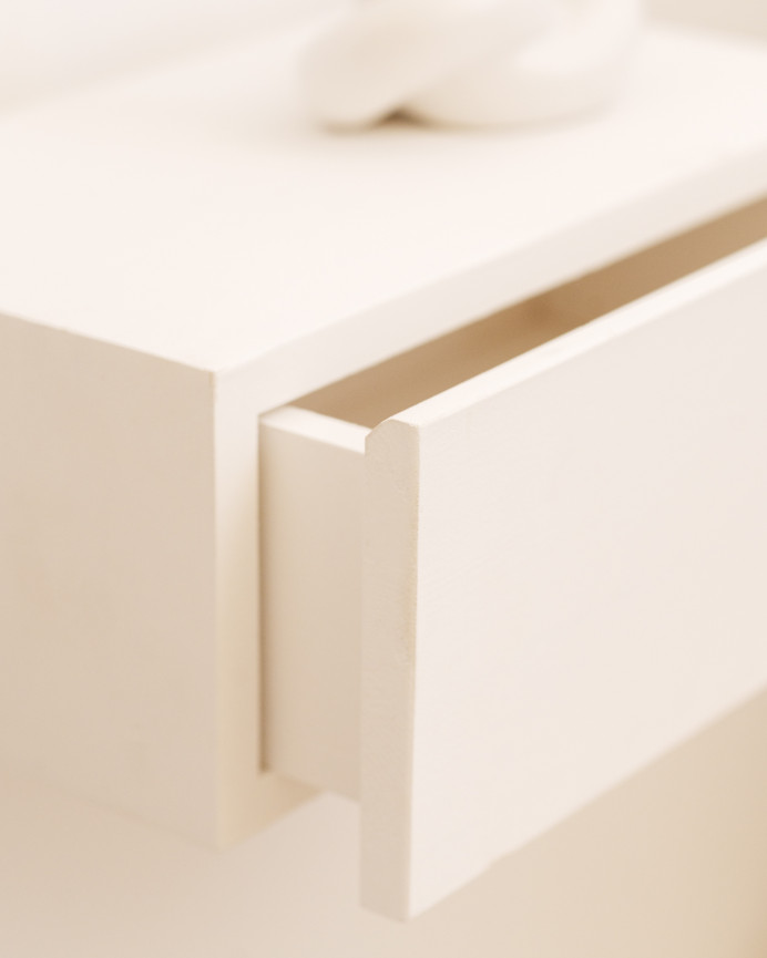 Mesa de cabeceira flutuante de madeira maciça em tom branco de 40cm