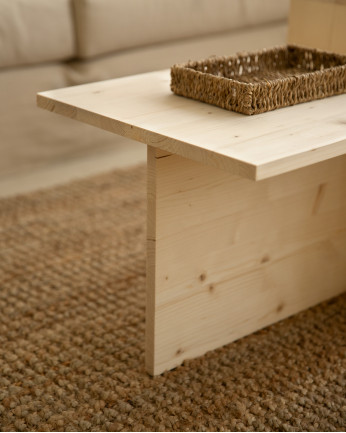 Mesa de centro de 2 peças em madeira maciça em tom natural 100x446cm