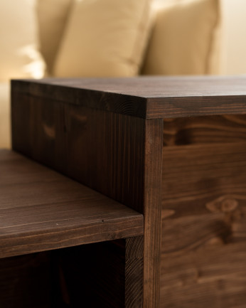 Mesa de centro de 2 peças em madeira maciça tom nogueira 100x446cm
