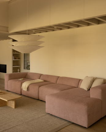Sofá de 4 módulos com chaise longue bouclé rosa 420x172cm