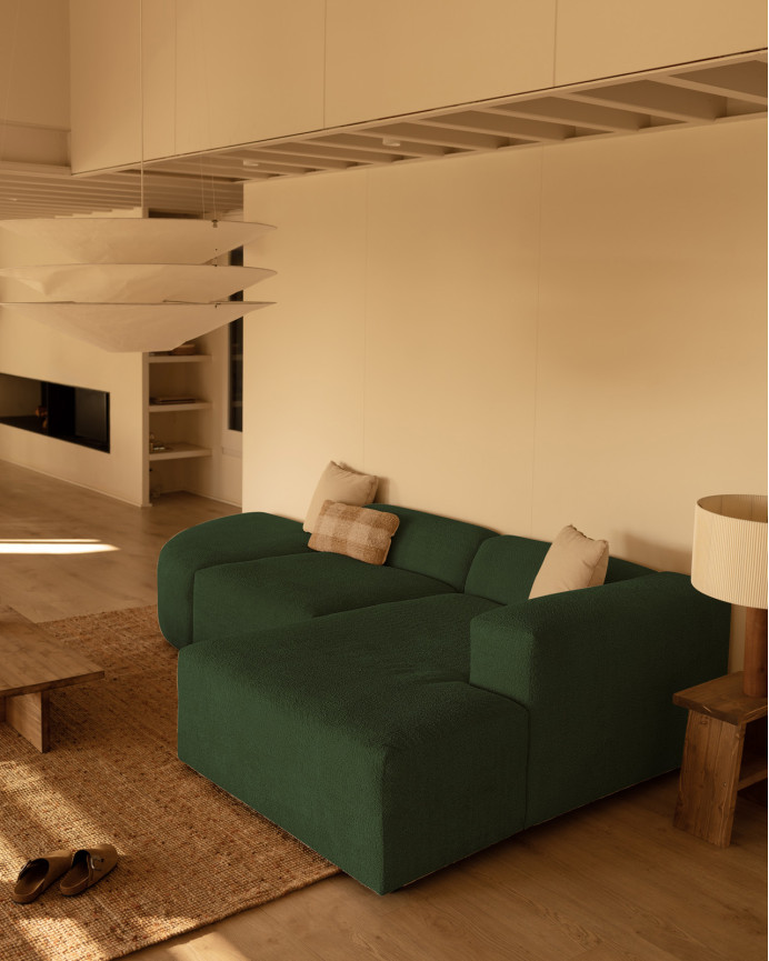 Sofá curvo de 3 módulos com chaise longue bouclé verde 320x172cm